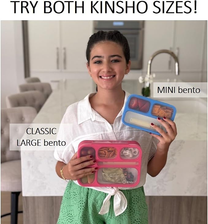 kinsho Small Snack Containers for Kids Toddlers, Set of 2 (Red + Navy Blue) | 3 Compartments, Leak-Proof, Spill Proof, BPA-Free Reusable Small Mini Bento Lunch Box for Daycare School Travel, Holds 2 Cups