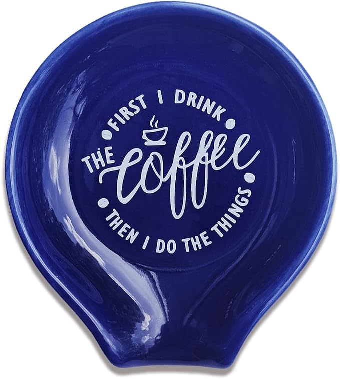Littlefa Coffee Spoon Rest Holder-Coffee Bar Accessories-Navy Blue | Funny Ceramic Coffee Spoon Rest for Coffee Bar Accessories Essentials, But First I Drink Sign Coffee Lovers Gifts