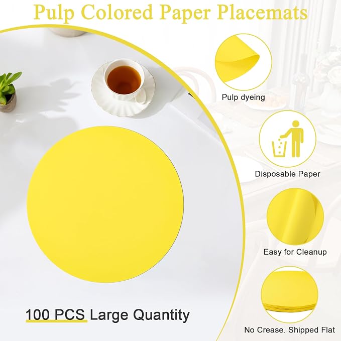 SHACOS 100 pcs Round Paper Placemats Disposable 13 inch Colored Paper Decorative Place Mats for Wedding Birthday Party Bridal Baby Shower Events Table Decoration, Yellow (Pack of 2)