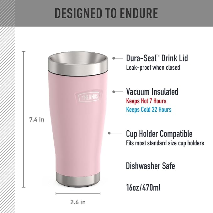 THERMOS ICON SERIES, Stainless Steel Tumbler, Sunset Pink, 16 oz | BPA Free Material