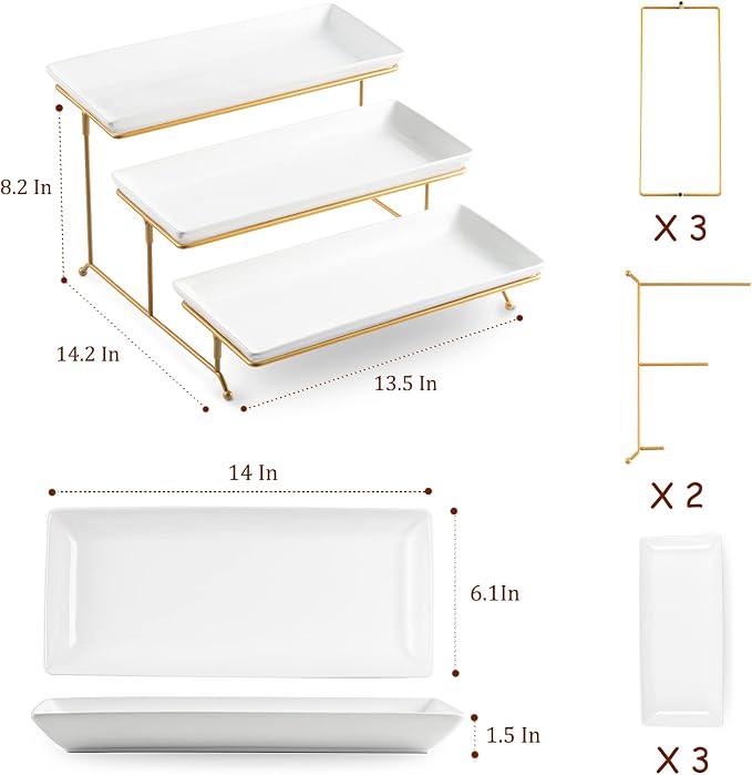 LYEOBOH 3 Tier Serving Stand and Platters Set Tiered Serving Tray for Party | 14 Inches Large Tiered Serving Platters with Collapsible Sturdier Rack for Appetizer Fruit, Dessert and Cupcake, White