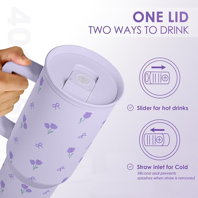 Floral 40oz Tumbler with Handle and Straw – Tulip Insulated Stainless Steel Travel Coffee Mug for Women Girls, Floral Gift Idea for Birthday Christmas Mothers Day
