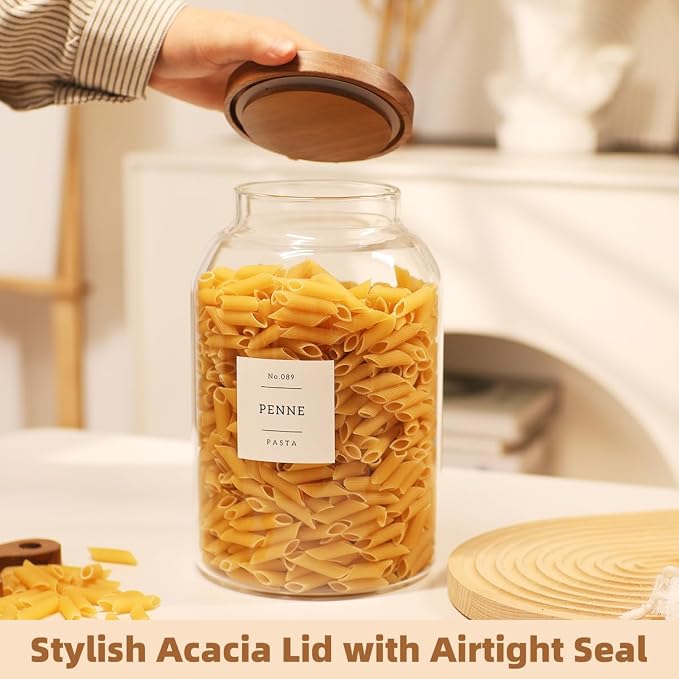 2 Pack Large Glass Flour and Sugar Storage Containers with Airtight Acacia Wood Lids and 132 Kitchen Pantey Labels Preprint - 1 Gallon Borosilicate Glass Canister Sets for Food,Pasta,Cookie,Rice