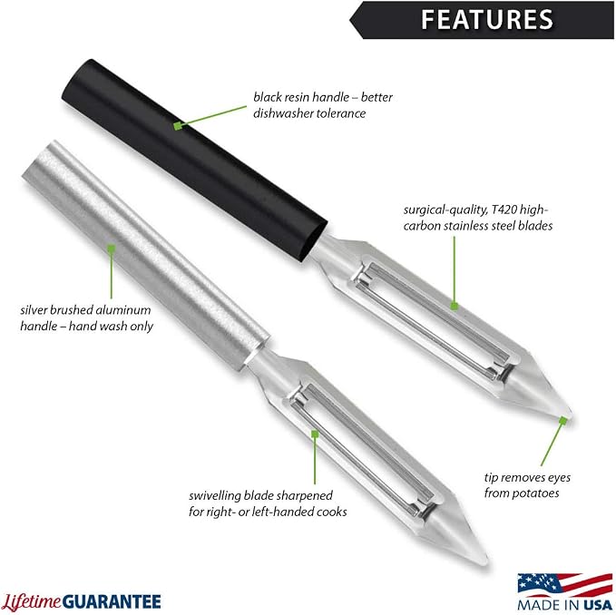 Rada Cutlery Vegetable Peeler (R132), Silver Handle, Pack of 2 | 1.75" Stainless Steel Swiveling Blade, Silver Cast Aluminum Handle