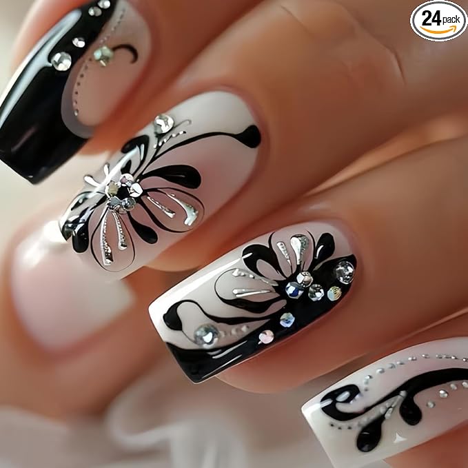 24Pcs Summer Press on Nails Short Square Fake Nails Press ons Nail Art Tips with 3D Rhinestones Design Acrylic Glue on Nails Full Cover Black Butterfly Flower False Nails for Women Manicure