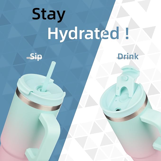 Konokyo 30 oz Insulated Tumbler Water Bottle with Handle, Straw Lid | BPA-free and dishwasher safe; made for gym, travel, coffee and gifting, 2 straws, cup holder friendly,Gum