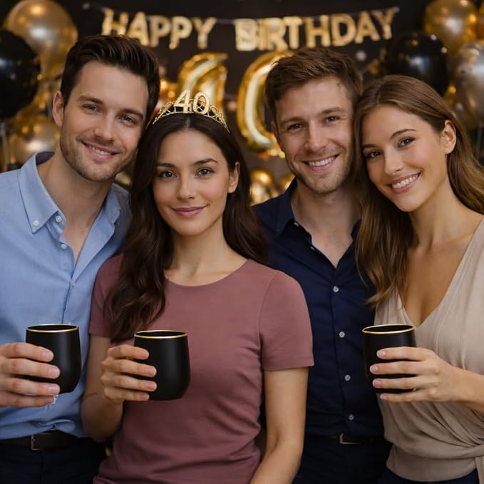 40 Pack Disposable Plastic Wine Glasses 12 oz Black Gold Rim Matte Cups | Stemless Cocktail Champagne Whiskey, Shatterproof BPA-Free Unbreakable Reusable, for Wedding Birthday Party Outdoor Events
