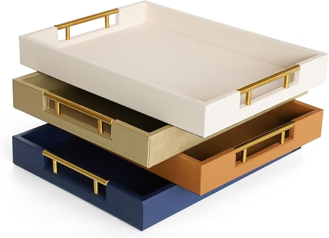 HofferRuffer Faux Leather Serving Tray with Gold Metal Handles, Stylish Decorative Tray Organizer for Coffee Table, Ottoman, Home Decor and Serving (Blue, 16.2" x 12.2" x 2")