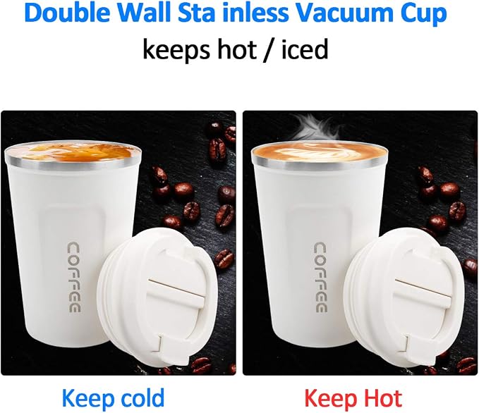 CS COSDDI 12 oz Stainless Steel Vacuum Insulated Tumbler - Coffee Travel Mug Spill Proof with Lid - Coffee Cup for Keep Hot/Ice Coffee,Tea and Beer (White) | Stainless Steel Double-wall insulation, 6-Hour Heat Retention, 360°Leak proof, BPA-free, Reusa...