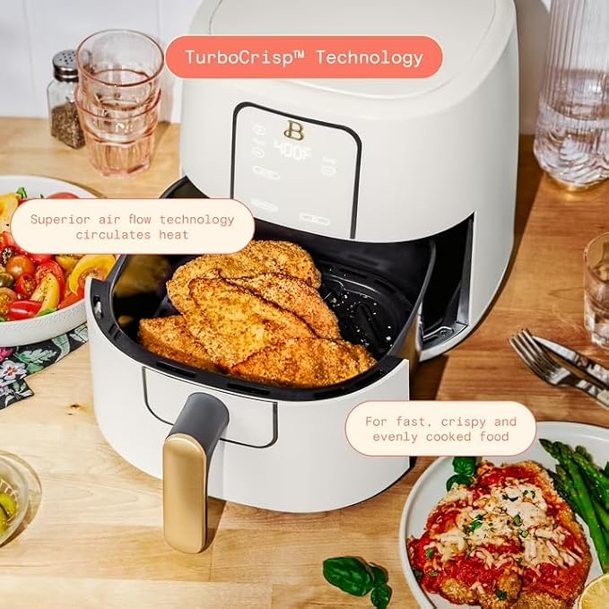 B 6 Quart Digital Air Fryer TurboCrisp Technology, Large Touchscreen Controls, Ceramic Roast Reheat Dehydrate Nonstick, Family Size for 5-7 People (White)