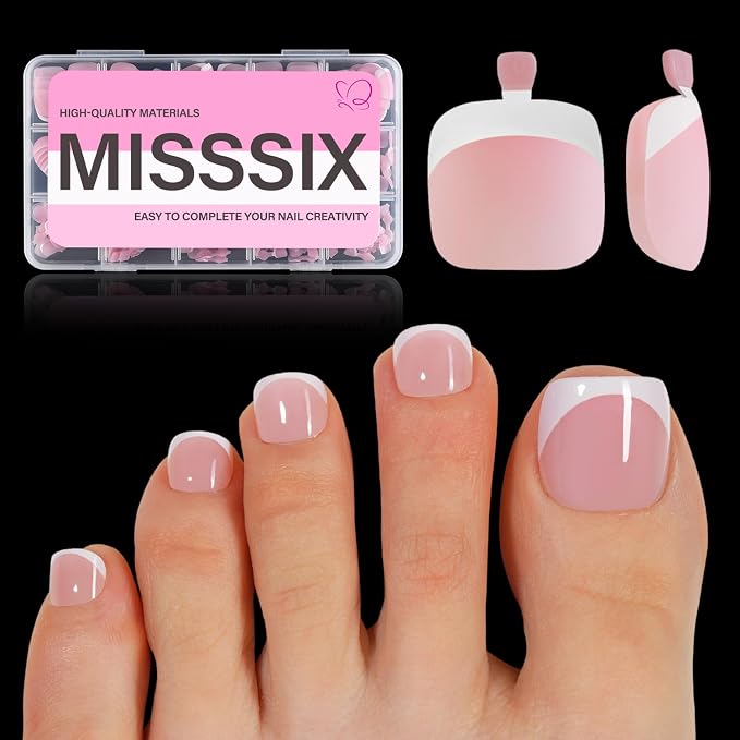 Misssix Press on Toenails Short, 216pcs French Tip Toe Nails Square in Box | Soft Gel False Toenail, Acrylic Soak off Fake Toe Nails for Women Nail Art DIY 15 Sizes