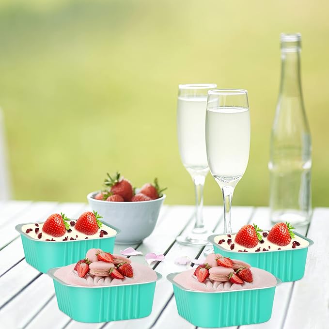 LNYZQUS 5oz Mini Cake Tins with Lids and Spoons, Disposable Brownie Pans | 40 Pack, Aluminum Foil, Square Cupcake Baking Cups, Individual Dessert Containers for Kids Party, Cyan Blue