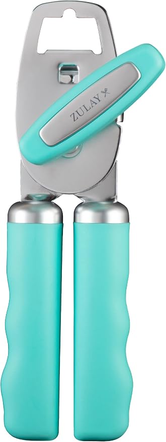 Zulay Kitchen Heavy Duty Stainless Steel Can Opener Manual with Bottle Opener - Rust Proof Manual Can Opener With Turn Knob & Comfy Soft Grip Handles - Teal