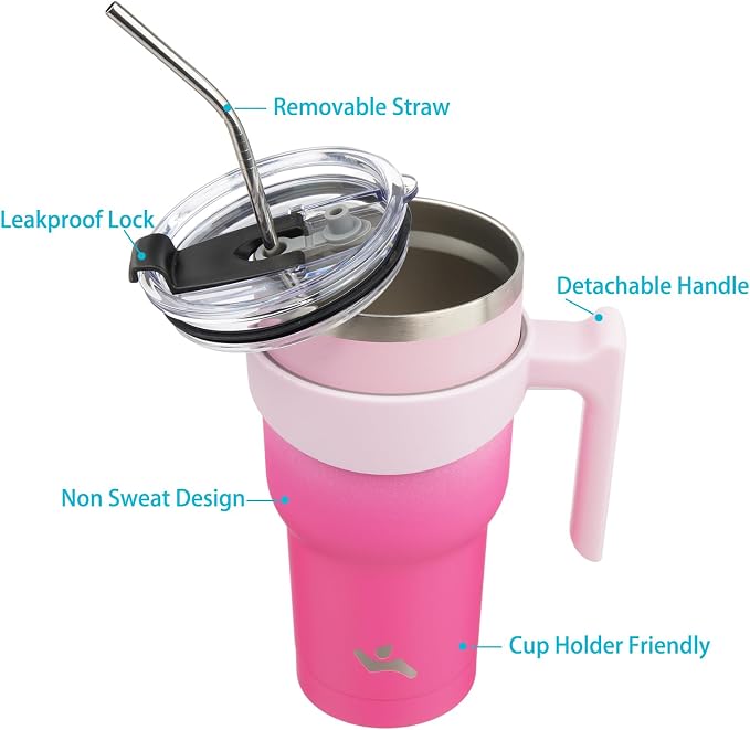 Konokyo 40 oz Tumbler with Handle and Straw, Insulated Travel Mug | Cherry; BPA-free, leak-proof tumbler with 2 lids, 2 straws, cup holder fit for coffee, office, travel & daily use