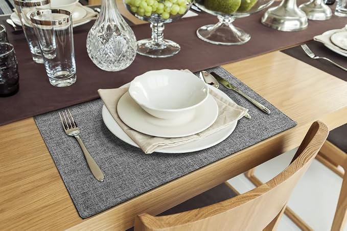 Faux Cotton Linen Placemats Set of 8, Cloth Washable Farmhouse Dining Table Mats for Indoors & Outdoors, Easy to Clean, Dark Grey, 13 x 19 Inch