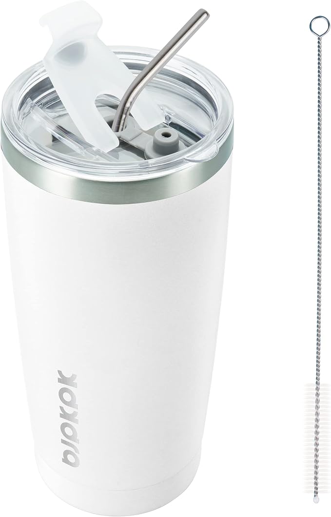 BJPKPK 20oz Coffee Tumbler with Lid & Straw, Insulated Stainless Steel Mug | Double Wall Vacuum, Keeps Hot/Cold, BPA Free, Leak Proof, Iced Coffee Cup Fit Car Holder, Travel & Beach, White