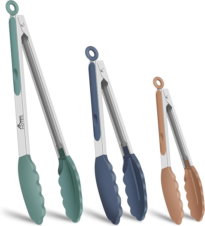 HOTEC Premium Stainless Steel Locking Kitchen Tongs with Silicon Tips, Set of 3-7", 9" and 12" (Neutral)