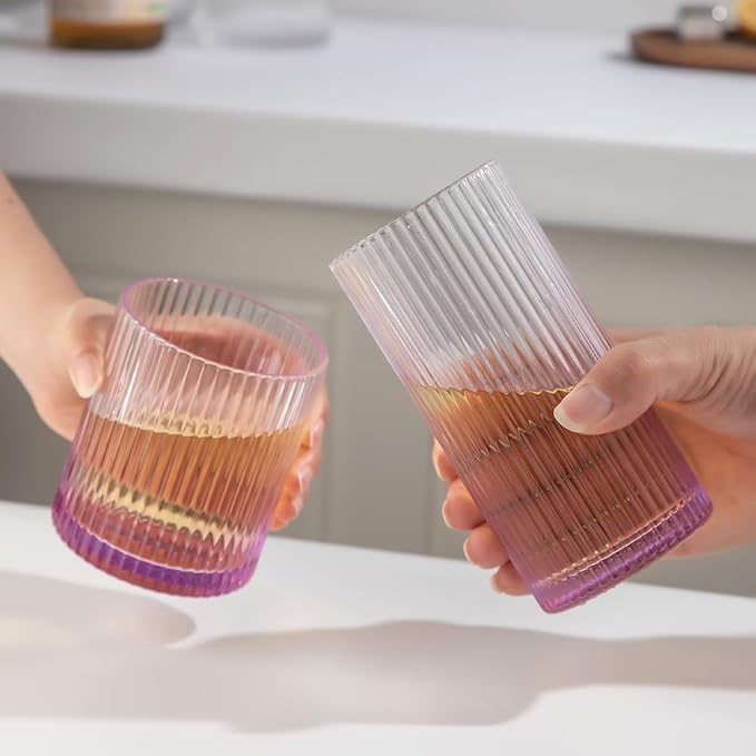 Ribbed Drinking Glasses 8pcs, 12oz and 10oz Glassware, Tumbler Glasses Cup Set for Wedding, Party, Christmas Gift, Purple