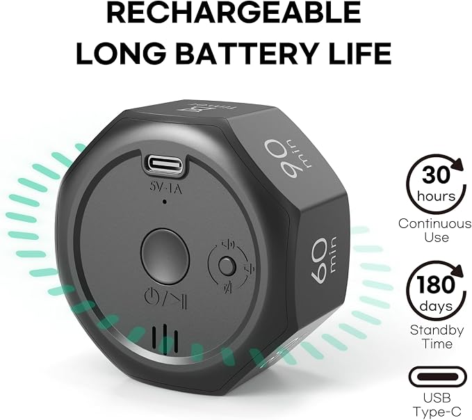 Flip Cube Pomodoro Timer - Rechargeable Visual Countdown & Count Up Stopwatch, 7 Preset Intervals, 3 Alarm Modes, Productivity Tool for ADHD, Kids, Study, Work & Kitchen (Gray)