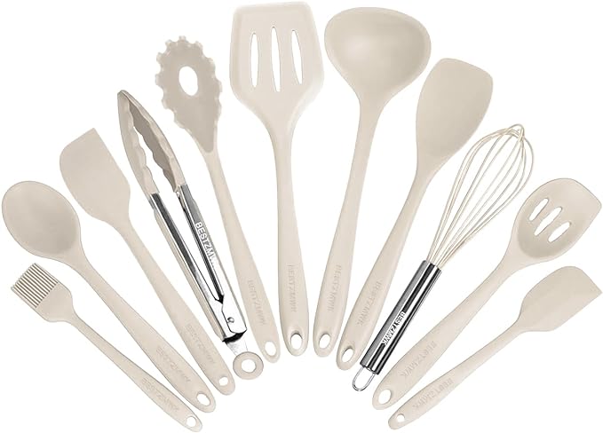 Kitchen Utensil Set - 11 Cooking Utensils - Colorful Silicone Kitchen Utensils - Nonstick Cookware with Spatula Set - Colored Best Kitchen Tools Kitchen Gadgets (Khaki)