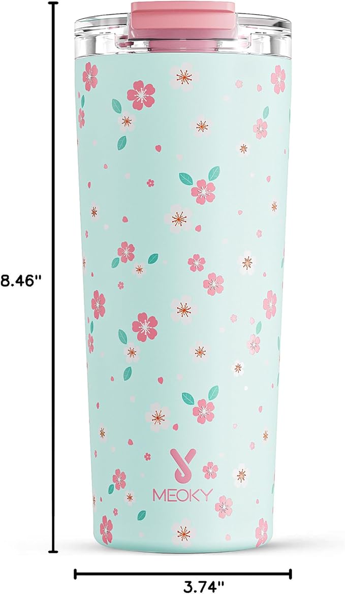 Meoky 24 oz Insulated Travel Coffee Mug: Leak Proof Lid, Mint Petal | Stainless Steel Coffee Tumbler, Keeps Hot for 8 Hours or Cold for 24 Hours, Fits in Car Cup Holder, BPA Free