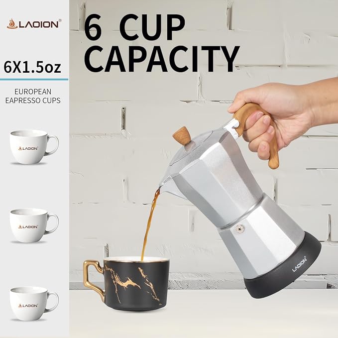 LAOION Cafeteras Electricas Modernas,6 Cup Portable Espresso Maker,300ml | Moka Pot with Detachable Base & Overheat Protection, Great for Home，Office, or Travel, a Thoughtful Gift for Coffee Lovers