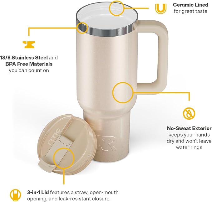 RTIC 40oz Road Trip Tumbler, Insulated, Ceramic Lined, Beach Glitter | with Lid, Handle and Straw, Stainless Steel Metal Cup, Portable for Hot and Cold Drinks, Coffee, Car, Camping, Travel
