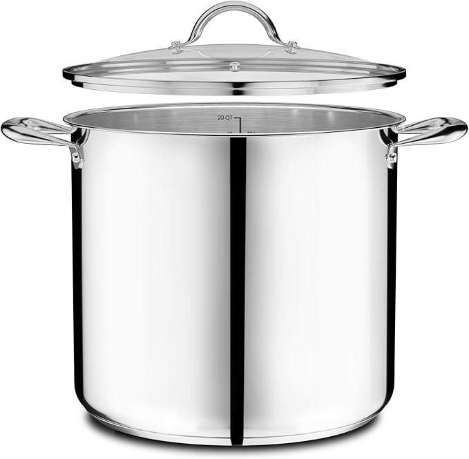 Stainless Steel Stockpot with Tempered Glass Lid 16 Quart, Durable 18/0 Stainless Steel, Impact-Bonded Base for Even Heating, Riveted Handles, Oven & All Stove Compatible, Safe Up To 500°F (260°C)