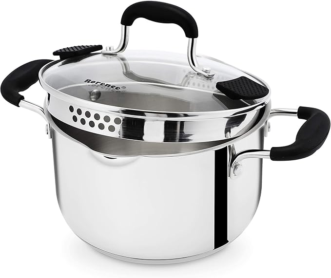 Rorence 3.7 Quart Stainless Steel Stock Pot with Lid, Pasta Pot for Cooking | Stockpot with Pour Spout & Silicone Handles & Glass Lid with Strainer