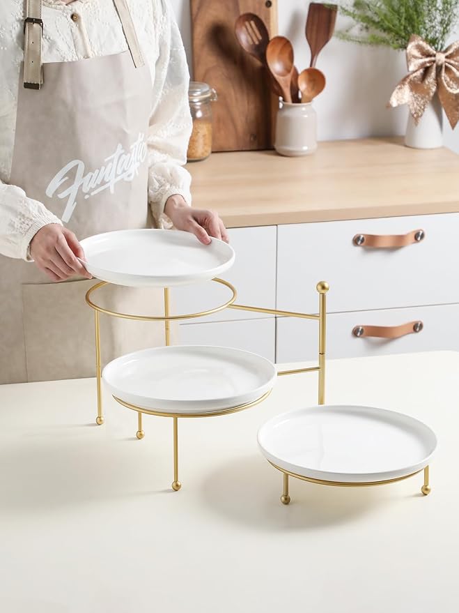 Kanwone 3 Tiered Serving Stand with White Porcelain Plates, 10.3" Round Tray, dessert table display set, Gold Metal Stand, Versatile & Durable