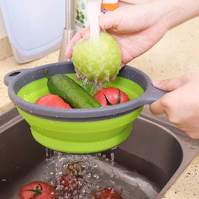 Foldable Silicone Strainer Colanders with Handles, Green and Red, 2 Pack | Collapsible Colanders, Space-Saver Folding Strainer, for Draining Pasta, Vegetable