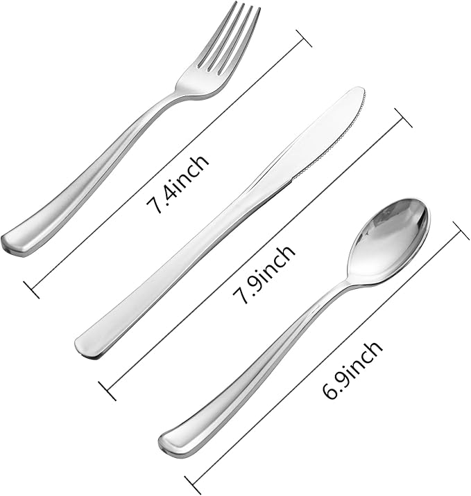500PCS Silver Plastic Silverware - Plastic Silver Utensils - 250 Forks 125 Spoons 125 Knives - Heavy Duty Disposable Silverware Sets for Party/Baby Shower/Wedding