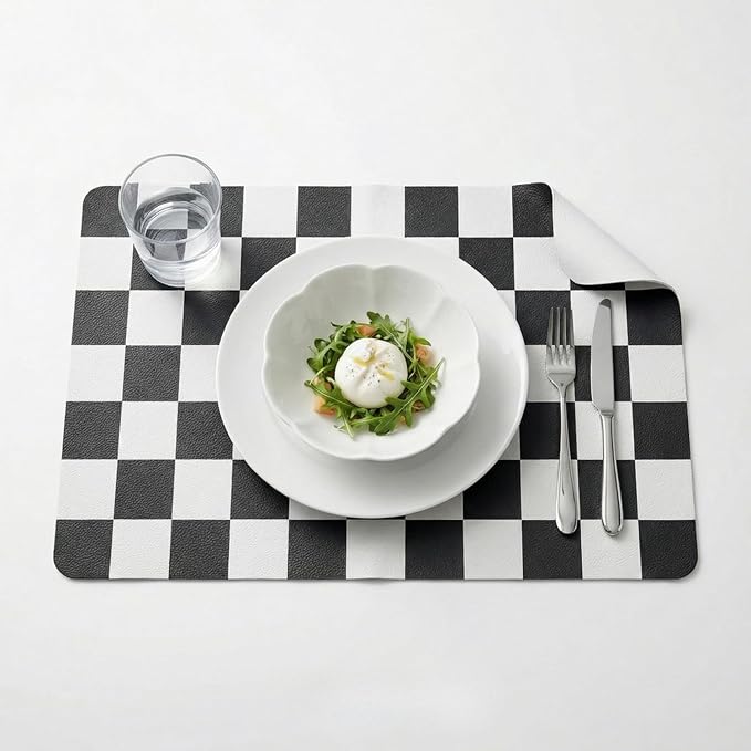 Set of 6 Checkerboard Non-Slip Washable Placemats for Dining Table | Waterproof & Heat-Resistant Faux Leather Mats | Easy Wipe Clean Tablemats for Indoor Dining, 17’’×12’’, Black
