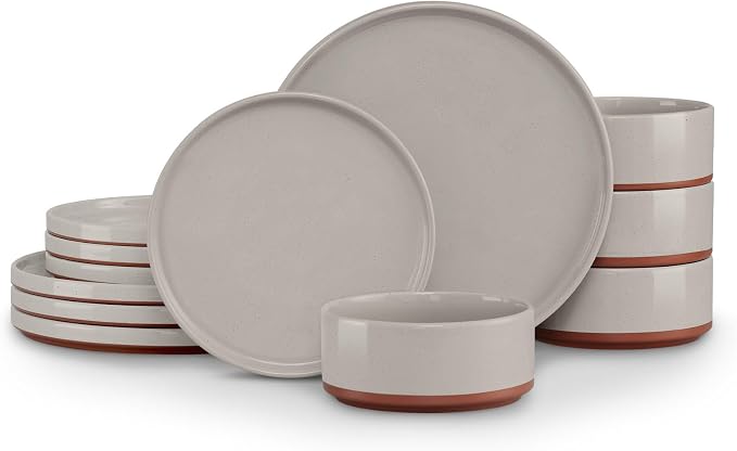 LIANYU Stoneware Dinnerware Set Service for 4, 12 PCS Plates and Bowls Sets | Handmade Ceramic Dish Set, Highly Chip and Crack Resistant Modern Plate Set, Terra Brown