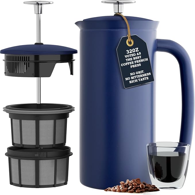 ESPRO P7 French Press, 32oz, Agean Blue, Stainless Steel Coffee Maker | Double Filter Coffee Press, Grit-Free Coffee, Heat Resistant Insulated tea Press, Easy Hot and Cold Coffee Brewer, Tea Brewer