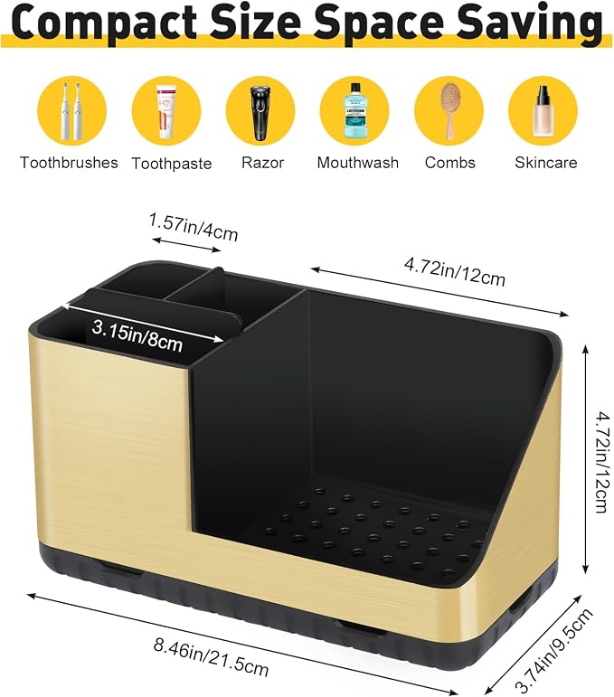 Toothbrush Holders for Bathroom Counter Organizer (Brushed Gold Grain) | Easy To Clean, Drainage, Non-Slip, Detachable, Kids Electric Toothbrush and Toothpaste Holder for Bathroom