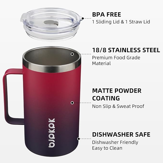 BJPKPK 25oz Insulated Coffee Mug with Handle, Stainless Steel Travel Mug | Keeps Drinks Hot & Cold, Double Wall Vacuum, 2 Lids Included, BPA-Free Coffee Tumbler for Home, Office & Travel