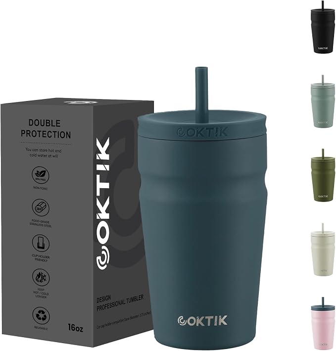 COKTIK 16oz Insulated Tumbler with Lid and Straw Iced Coffee Cup Reusable Stainless Steel Travel Mug Water Bottle Cupholder Friendly for Women Men Her Him (Twilight Fog)