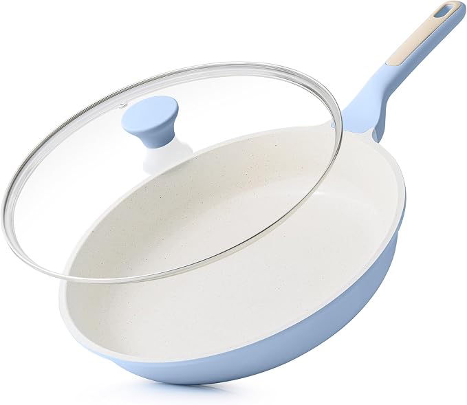 SENSARTE 11Inch Nonstick Ceramic Frying Pan with Lid, PFAS/PTFE Free, Blue | Ceramic Omelette Pan Skillet, Healthy Non-toxic Chef's Pan, Induction Compatible Pan, Heat Resistant Handle
