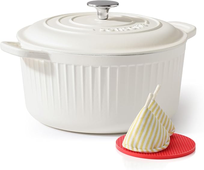 SENSARTE 5.5QT Enameled Cast Iron Dutch Oven Pot Casserole Dish with Lid | Premium Enamel Round Dutch Pot for Bread Baking, Stews, Braising & Roasting, Oven Safe, Induction Compatible, White