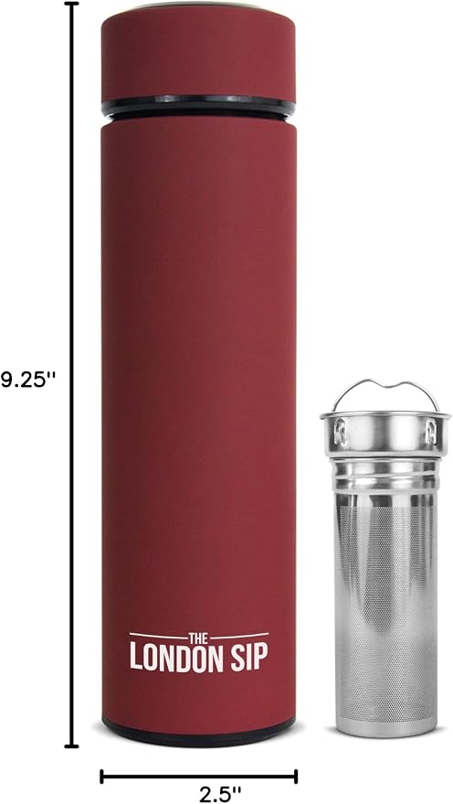 The London Sip Multi-Purpose Travel Mug and Tumbler Fruit Infused Flask Hot and Cold Double Wall Stainless Steel Thermos with Extra-Long Infuser, Sacred Red
