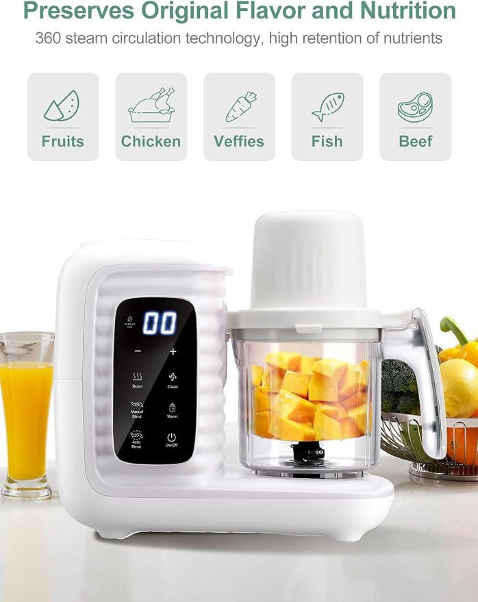 MOMYEASY Baby Food Maker, Food Steamer with Dual-Layer Steam Basket, White | 5 in 1 Baby Food Processor, Steamer & Blender for Healthy Homemade Baby Food, Baby Feeding Essentials
