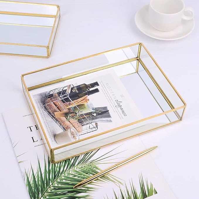 Sooyee Gold Rectangle Mirror Tray, Metal and Glass Fragrance Tray, 12"x8" | Decorative Tray, Can Hold Perfume, Jewelry, Cosmetics, Makeup, Magazine and More, For Vanity, Dresser, Bathroom, Bedroom