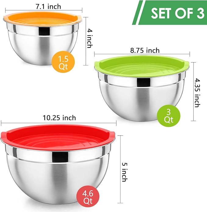 P&P CHEF Stainless Steel Mixing Bowls with Lids, Set of 3, Multicolor | Nesting Salad Bowl, Sturdy& Rust Proof, Airtight & Stackable, Suit for Mixing, Storing, Prepping, 3 Size - 4.6/3 /1.5 QT