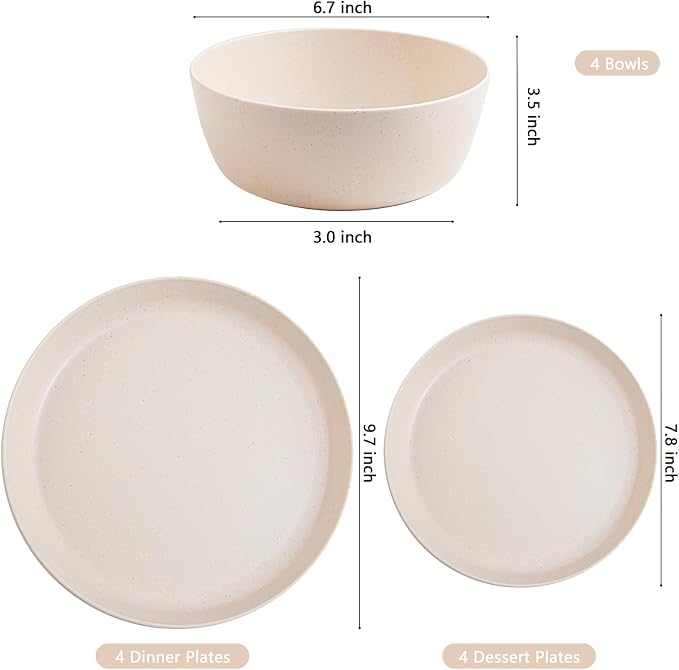 EjonirInjonir 12pcs Unbreakable Beige Wheat Straw Dinnerware Sets RV Dining | Includes Deep Reusable Plastic Plates Bowls Set,Premium Lightweight Dish Set Perfect for Camping Outdoor Parties Kids Home