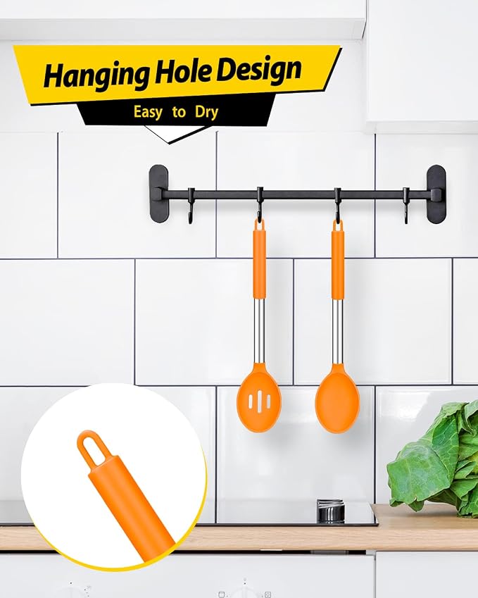 BUNDLEPRO Silicone Cooking Spoons for Non Stick Cookware, 2 Pack, Orange | Heat Resistant, Large Kitchen Spoons for Mixing, Serving, Draining, Stirring