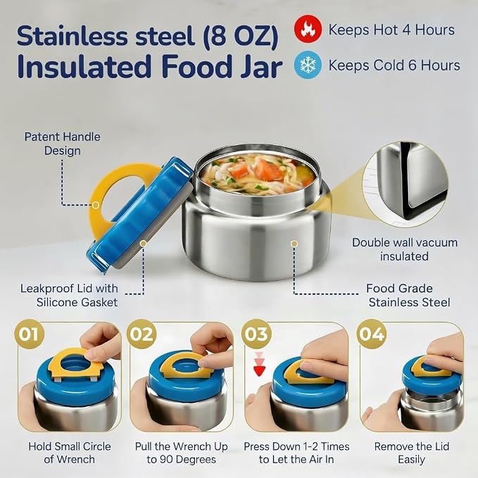 Stainless Steel Bento Lunch Box with 8 oz Insulated Food Jar – 54 oz – Leak-Resistant 3-Compartment Kids & Adult Metal Meal Container with Silicone Container and Thermo for Work & School, BPA-Free