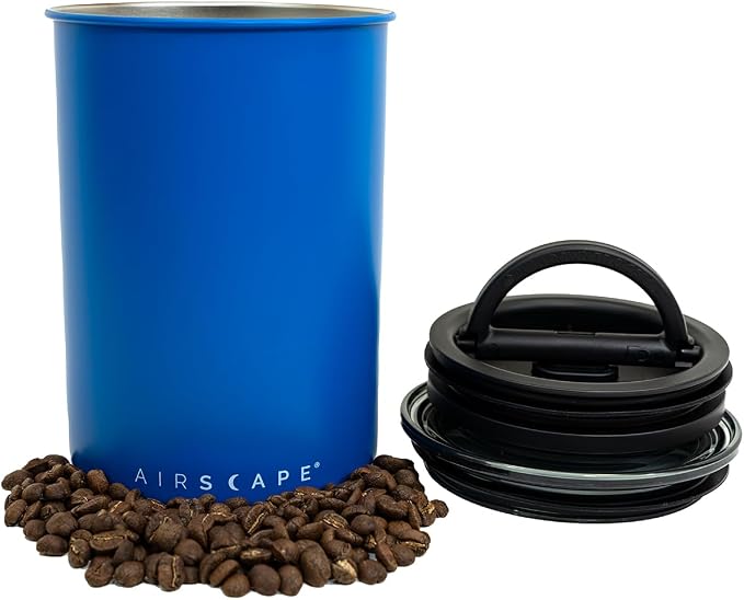 Planetary Design Airscape Stainless Steel Coffee Canister | Food Storage | Food Storage Container | US Patented Airtight Lid | Push Out Excess Air Preserve Food Freshness (Medium, Matte Blue)
