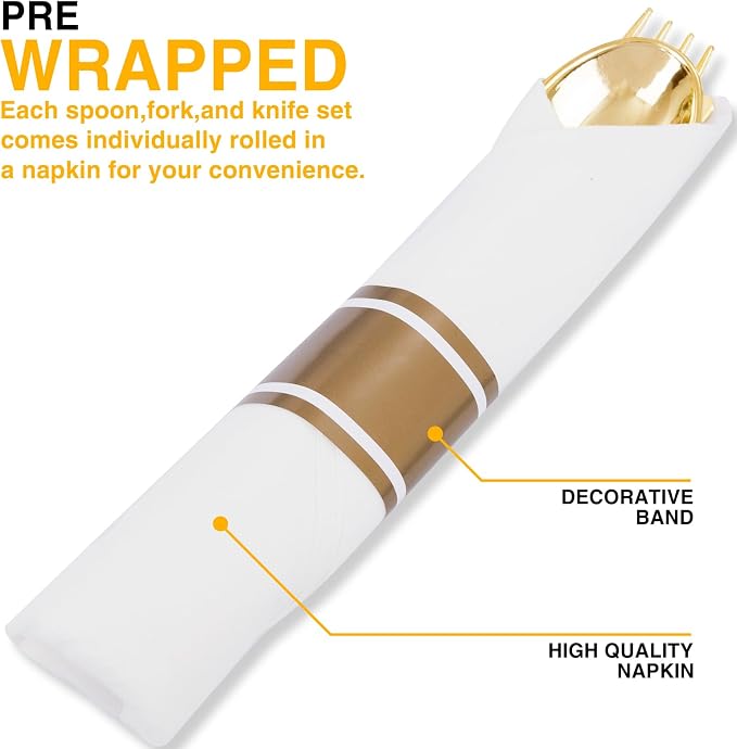 400PCS Gold Wrapped Silverware Set Disposable Hammered for Weddings | Pre-Rolled and Individually Wrapped, 100 Guests, Durable and Sturdy, BPA free, Includes Matching Napkins, for Upscale Dinners