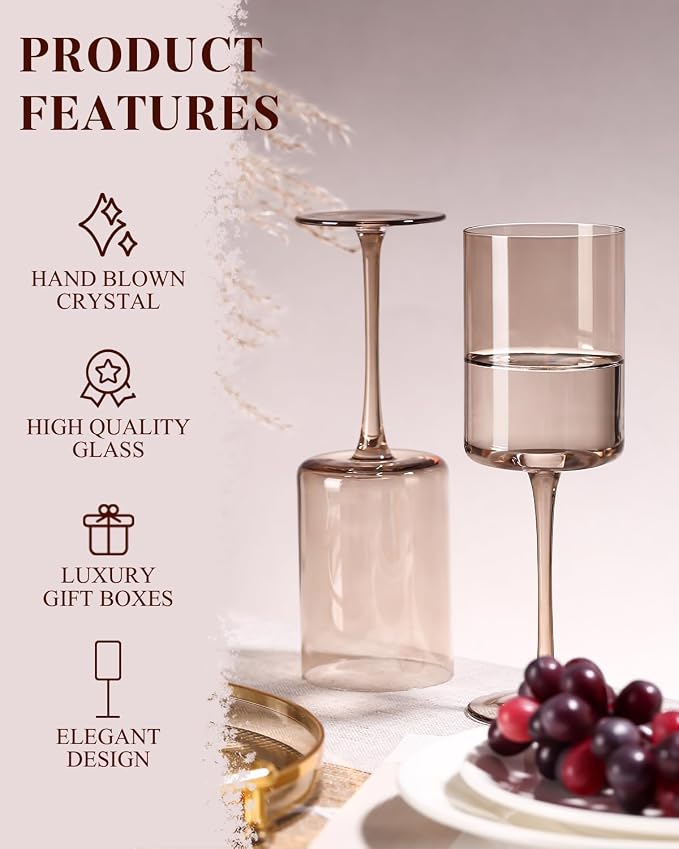 Smokey Gray Wine Glasses Set of 6-14oz【 Hand Blown 】 Square Colored Wine Glasses,Colorful Glasses with Tall Long Stems, Modern Glasses Set of 6 For All Occasions